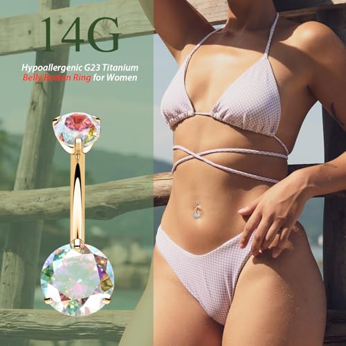 FUNLMO 14G Belly Button Ring Titanium Belly Button Piercing Belly Ring Internally Threaded Navel Piercing Jewelry - color: Gold-Aurora Borealis CZ
