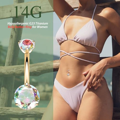 FUNLMO 14G Belly Button Ring Titanium Belly Button Piercing Belly Ring Internally Threaded Navel Piercing Jewelry - color: Gold-Aurora Borealis CZ