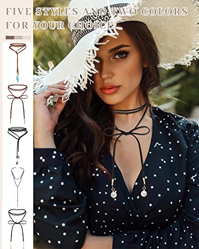 Sureio 6 Pcs Women Choker Necklaces Black Brown Western Leather Velvet Tie | Tassel Chain Wrap Styles, Bolo Tie for Women, Gothic Collar Jewelry, Women Vintage Necklaces, Party Layered Necklace