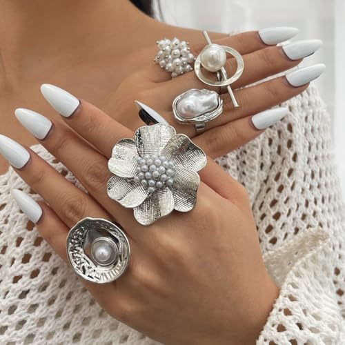 Gold Flower Ring for Women Trendy Silver Flower Statement Ring Adjustable Minimalist Rings Jewelry - color: Silver, style: Pearl Flower