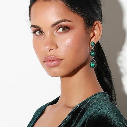 EleQueen Women's Crystal Teardrop Pear Shape 2.5 Inch Long Earrings | Dangle Earrings for Women, TearDrop Crystals Earrings for Bride Bridesmaid, Prom Jewelry for Wedding - color: Green Silver-Tone