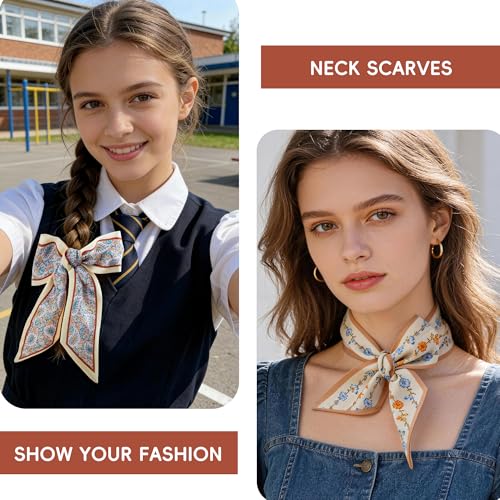 ZXZH 6 Pack Fashion Scarves for Women, Versatile Boho Head Scarf | Satin Scarf for Hair, Neck, Wrist, and Purse Accessories - color: Cognac Botanical Mix