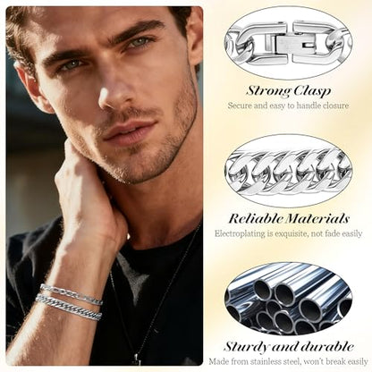 3PCS Stainless Steel Chain Bracelets for Men Women Gold Cuban Figaro Link Chain Bracelet Men's Curb Chain Bracelets Twisted Wrist Bracelets 7/7.5/8.3/9 Inches - color: Silver