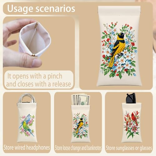Diamond Art Painting Eye Glass Bag PU Sunglasses Glasses Storage Bag Built-in Glasses Cloth Press Automatic Closure - color: Oriole
