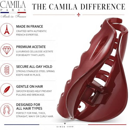 Camila Paris CP2529 French Hair Clips for Women, 3.75" Red Large Claw Clip Strong Hold All Day, Girl Large Claw Clips for Thick Hair, No Damage No Slip Flat Clip for Women. Made in France - color: Red
