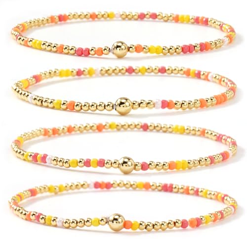 Seed Beaded Stack Bracelets Set for Women,Small Boho 4Pcs Colorful Handmade Dainty Trendy Gold Stretch Accessories Jewelry, Summer Daily Party Friendship Gift - color: Yellow