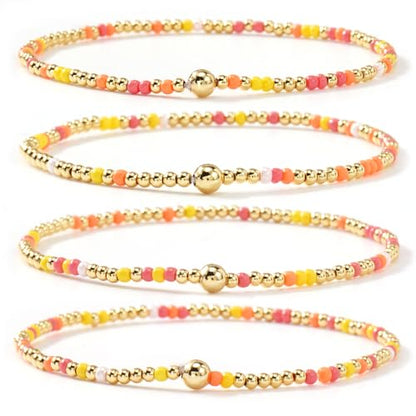 Seed Beaded Stack Bracelets Set for Women,Small Boho 4Pcs Colorful Handmade Dainty Trendy Gold Stretch Accessories Jewelry, Summer Daily Party Friendship Gift - color: Yellow