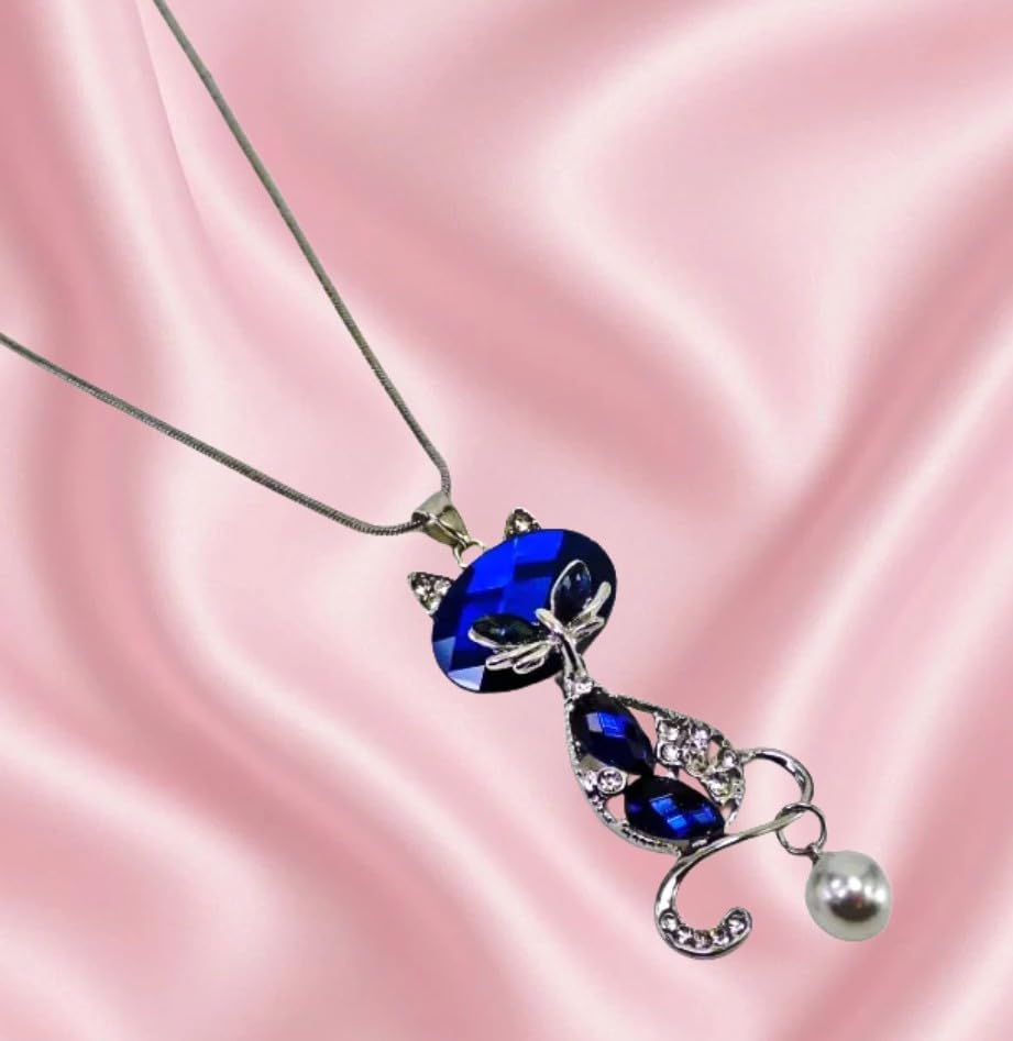 Blue Crystal Cat Pendant Necklace for Women – Large Sparkling Rhinestone with Moving Pearl, Long Silver Tone Snake Chain, Cat Lover Gift Fashion Statement Jewelry