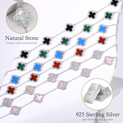 925 Sterling Silver Four Leaf Clover Bracelet – Real Silver Lucky Clover Jewelry for Women, Dainty Good Luck Gift for Her - color: Rhodium Plated – Mother-of-Pearl Set