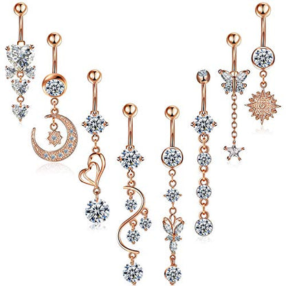 Hicarer 8 Pieces 14G Belly Button Rings Steel Long Dangle Navel Ring CZ Body Piercing Jewelry - color: Rose Gold