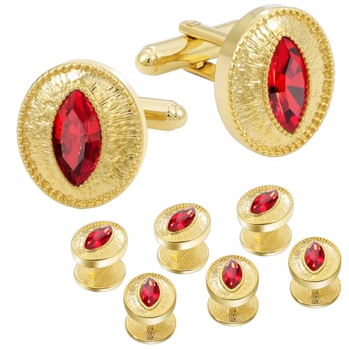 Tuxedo Studs and Cufflinks Set, Gold Cuff Links Mens and Tuxedo Shirt Buttons Suit Accessories Crystal Tux Studs for Shirt Formal Kit Business or Wedding - color: Red