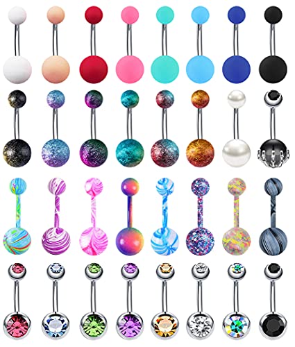 24-50Pcs 14G Stainless Steel Belly Button Rings for Women CZ Screw Navel Bars Body Piercing Jewelry - color: D: 32pcs