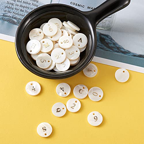 Craftdady 92pcs Freshwater Shell Alphabet Pendants Flat Round White Shell with A-Z Letter Number Bead Charms 11mm for Name Bracelets Necklaces Earrings Jewelry Crafts Making - color: Golden Letter & Number