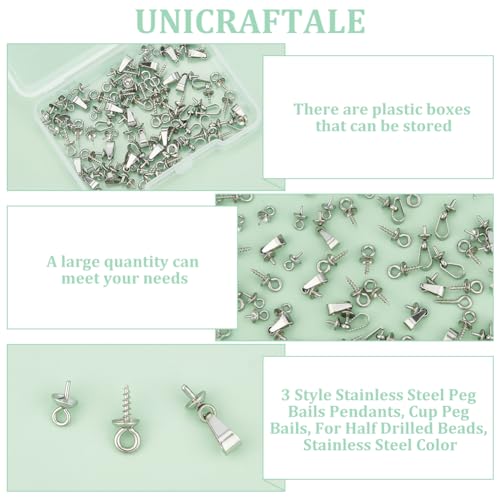 UNICRAFTALE 90Pcs 3 Style Stainless Steel Peg Bails Pendants Cup Peg Bails Pin Pendants Metal Pearl Screw Eye Pin Bail Nails Pendant Bails Clasps for Half Drilled Beads Jewellery Making - color: Metal Color