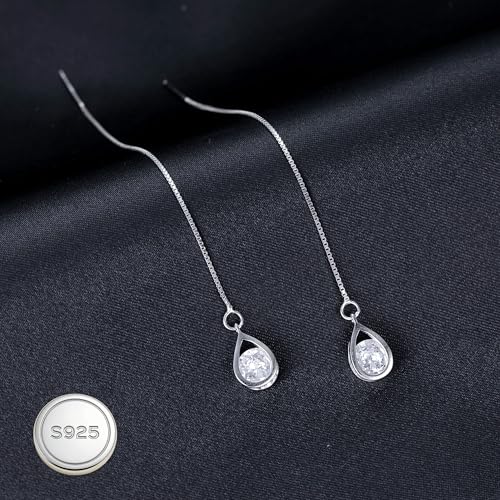 Reffeer Solid 925 Sterling Silver CZ Droplet Chain Dangle Earrings for Women Teen Girls Tassel Dangle Earrings Threader - color: A-Silver