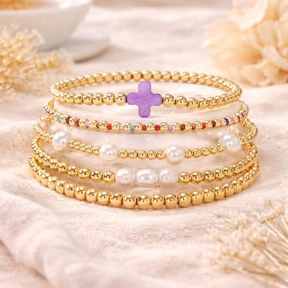 Gold Bracelets for Women, Beaded Cross Stack, Non Tarnish Set，Set-1 | Gold Beaded Bracelet Stack with Stretch Fit, Waterproof Finish and Dainty Design for Everyday Wear and Gifts - color: Colors-5