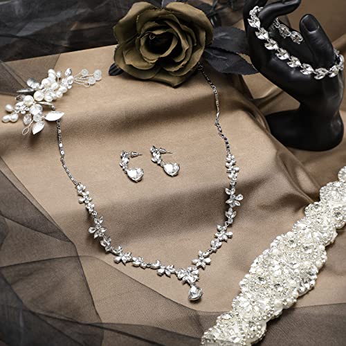 Henoyso 5 Pcs Wedding Jewelry Set for Women, Rhinestone Necklace Earrings Bracelet Headpieces Set for Bride Bridesmaid Prom - style: Bright Style
