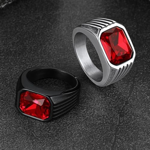 Cubic Zirconia Rings for Men Women Stainless Steel Birthstone Ring Square Cut Statement Jewelry Size 7-14 - color: Black-Ruby Stone, size: 13