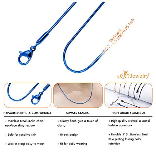 555Jewelry 1.2mm Stainless Steel Snake Chain Necklace for Men & Women, 16-28 Inch - color: Blue