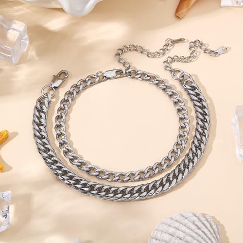 2PCS Ankle Bracelets for Women - Gold/Silver Plated Stainless Steel Anklets Set - Waterproof Layered Cuban Link Chain Anklet Bracelet Summer Beach Foot Jewelry Gifts for Women - color: Style 2-Silver