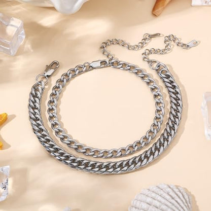 2PCS Ankle Bracelets for Women - Gold/Silver Plated Stainless Steel Anklets Set - Waterproof Layered Cuban Link Chain Anklet Bracelet Summer Beach Foot Jewelry Gifts for Women - color: Style 2-Silver