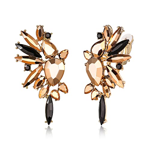 EVER FAITH Vintage Rhinestone Statement Earrings, Fashion Bling Colorful Marquise Drop Crystal Cluster Dangle Clip-on Earrings for Women - color: Champagne Gold w/ Black Gold-Tone