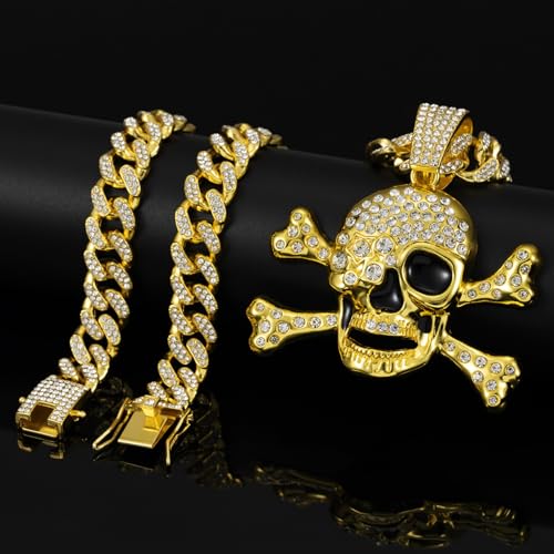 Slip Chain Choker for Women Handmade Black Stainless Steel Cuban Chain Chunky Moon Bat Raven Skull Pendant Gothic Punk Rock Collar Adjustable Lariat Y Necklace for Men - style: Golden Skull