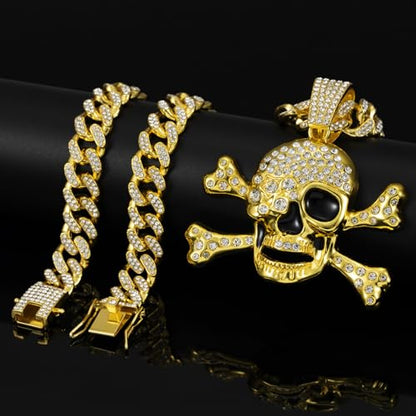 Slip Chain Choker for Women Handmade Black Stainless Steel Cuban Chain Chunky Moon Bat Raven Skull Pendant Gothic Punk Rock Collar Adjustable Lariat Y Necklace for Men - style: Golden Skull