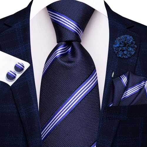 Hi-Tie Men's Silk Ties Formal Woven Classic Necktie Pocket Square Cufflinks Lapel Pin Set Wedding Business - color: B Navy Blue