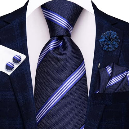 Hi-Tie Men's Silk Ties Formal Woven Classic Necktie Pocket Square Cufflinks Lapel Pin Set Wedding Business - color: B Navy Blue