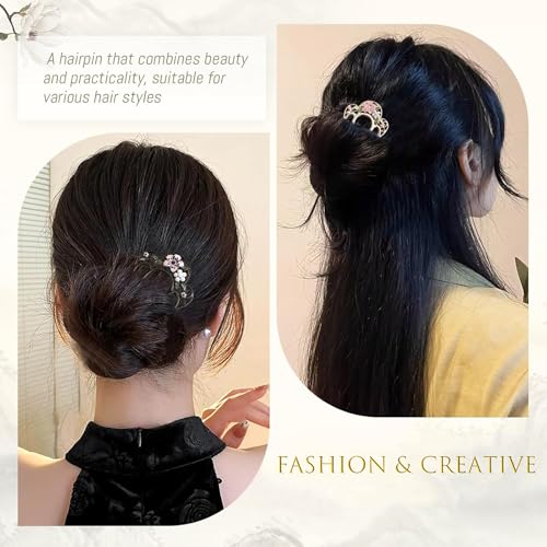 2 Pack Flower Pattern U Shaped Hair Pins for Buns Creative 4 Prong Hair Updo Hair Sticks Metal Teeth Hair Fork Clips Attractive Hair Accessories (Multi-Color)