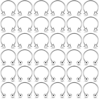 18-36PCS 20G Nose Hoop Rings Surgical Steel Septum Ring Tragus Cartilage Helix Hoop Earrings Lip Horseshoe Barbell Piercing Jewelry for Women Men 8mm 10mm 12mm - color: 36pcs,ball and spike closure