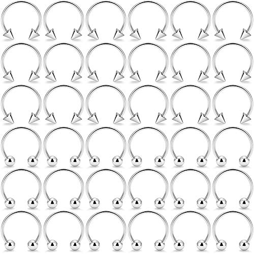 18-36PCS 20G Nose Hoop Rings Surgical Steel Septum Ring Tragus Cartilage Helix Hoop Earrings Lip Horseshoe Barbell Piercing Jewelry for Women Men 8mm 10mm 12mm - color: 36pcs,ball and spike closure