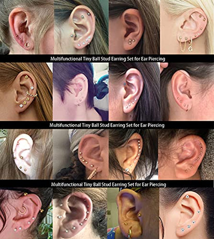 14K Gold Filled Polished Small CZ Pearl Ball Stud Earrings Set for Women Men 20G Surgical Steel Hypoallergenic Piercing Studs for Sensitive Ear, Pack of 6 Pairs - style: U : 3MM Gold Cubic Zirconia Studs Set