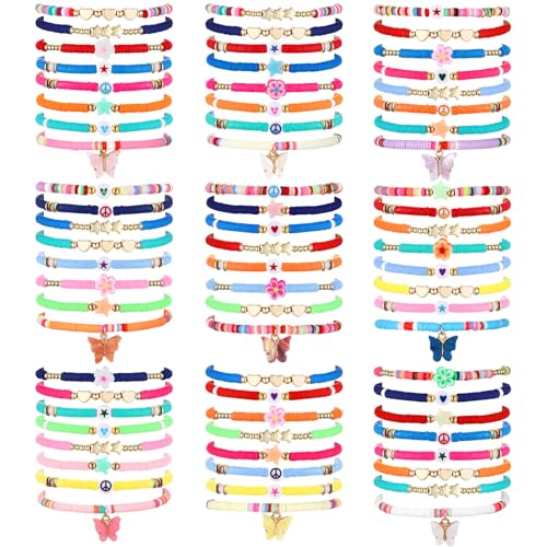 96 Pcs Colorful Friendship Bracelets Gift Bulk Heart Star Butterfly Cute Stretch Preppy Bracelets Cute Adjustable Heishi Clay Beads for Summer Beach Graduation Party Favors - style: Fresh