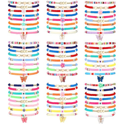 96 Pcs Colorful Friendship Bracelets Gift Bulk Heart Star Butterfly Cute Stretch Preppy Bracelets Cute Adjustable Heishi Clay Beads for Summer Beach Graduation Party Favors - style: Fresh
