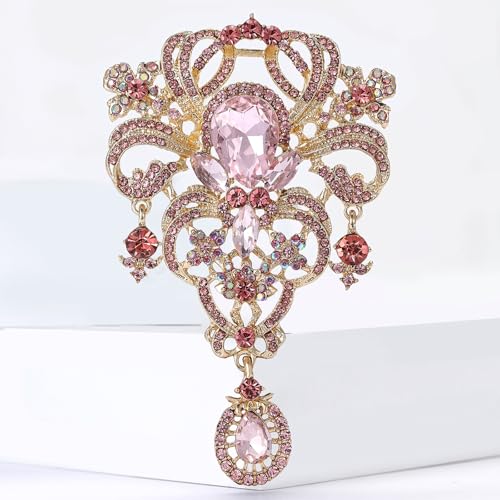 YOQUCOL Retro Austrian Crystal Big Brooch Pin for Women Large Flower Shape Brooches Lapel Pins for Sweater,Coat Dress Accessories - color: A-Pink
