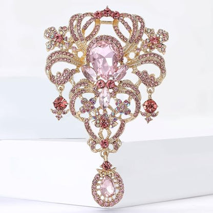 YOQUCOL Retro Austrian Crystal Big Brooch Pin for Women Large Flower Shape Brooches Lapel Pins for Sweater,Coat Dress Accessories - color: A-Pink