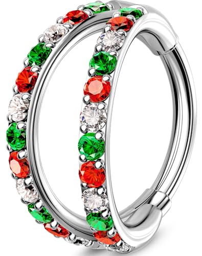 OUFER Christmas Double Hoop Nose Ring, 18G/20 6/7/8mm Red Green Christmas Nose Piercing Nose Rings Hoops Surgical Steel, Festive Hoop Nose Rings for Women Perfect for Xmas Nostril Piercing Jewelry - color: Red&Green