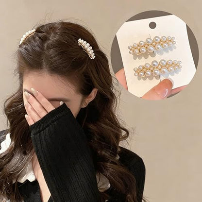 Pearl Hair Clips for Women, Fancy Gold Barrettes, Elegant Pearl Hair Accessories, Small Decorative Dressy French Barrettes for Wedding Bridal Parties Banquets Proms Formal Casual Outfits 2 Pack