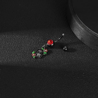 14G Surgical Stainless Steel Dangle Belly Button Rings for Women Belly Ring Dangling Piercing Jewelry CZ Snake lizard Skull Spider bat Halloween Party Punk Rock - style: Rose Skeleton