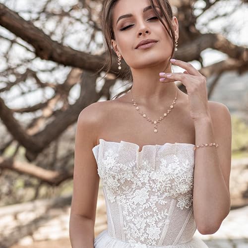 EVER FAITH Cubic Zirconia Pearl Leaf Bridal Jewelry Set for Bride Women | White Wedding Prom Necklace Dangle Earrings Bracelet, for Bridesmaid - color: Marquise_Rose Gold-Plated-Brass