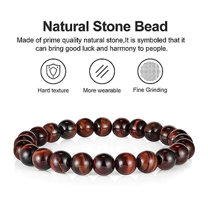 M MOOHAM Mens Bracelet - Beaded Natural Stone 8mm Tiger Eye Matte Agate Lava Rock Bracelets for Men Teen Boys Grandpa Dad Birthday Gifts Jewelry - style: Red Tiger Eye Bracelet