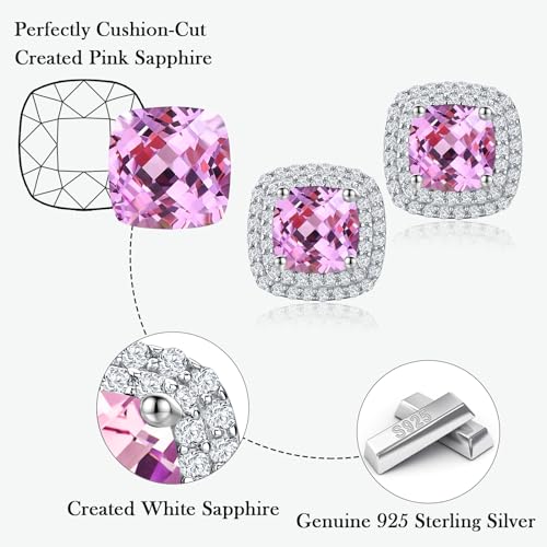 Dainty Birthstone Earrings for Women Sterling Silver Small Stud Earrings with Halo Cushion/Round Created Gemstone Earrings Birthstone Jewelry - style: A 10. Oct./created pink sapphire-cushion cut