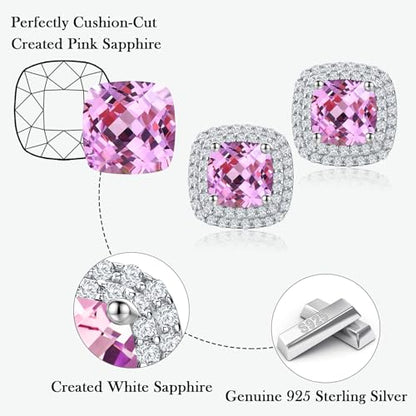 Dainty Birthstone Earrings for Women Sterling Silver Small Stud Earrings with Halo Cushion/Round Created Gemstone Earrings Birthstone Jewelry - style: A 10. Oct./created pink sapphire-cushion cut