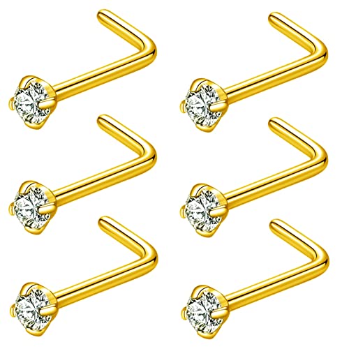 316L Surgical Steel 22g/20g/18g Nose Rings Studs L-Shape Nose Nostrial Piercing Body Jewerly L Shaped Nose Studs 1.5mm 2mm 2.5mm 3mm CZ Nose Screw Studs Rings for Women - style: 6pcs/L-shape/18g/2.0mm Clear CZ/Gold