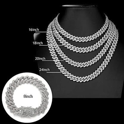 JUNVirtuous 2 Pieces Cuban Link Chain Mens Iced Out Miami Cuban Necklace and Bracelet Silver Bling Diamond Hip Hop Jewelry for Men and Women… - color: Silver, style: 8" Bracelet and 18" Necklace