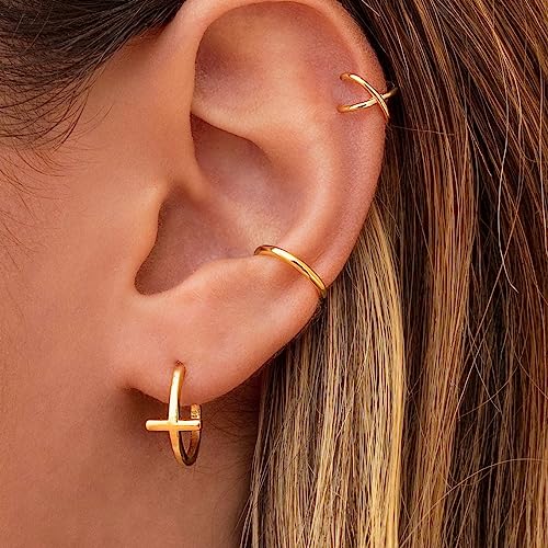 Me&Hz Gold Huggie Earrings Small Huggie Hoop Earrings for Women 14K Gold Plated Hypoallergenic Cubic Zirconia Huggies Mini Silver Hoop Earring for Women - color: Gold,Cross