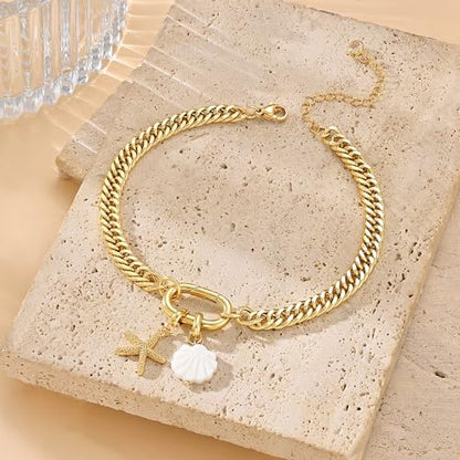 Moodear Gold Ankle Bracelets for Women Waterproof,14K Gold Plated Anklets | Waterproof, Non Tarnish Cuban Link Anklets, Trendy Jewelry Accessories for Summer Vacation, Beach Gifts for Women - style: Cuban Starfish Shell