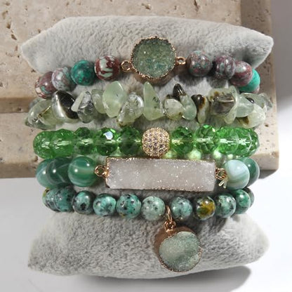 Yomisa 5PCS 6PCS Natural Boho Beaded Bracelets/Bangle for Women Men,Healing Turquoise Jasper Agate Crystal Gemstone Stone Chakra Multilayer Wrap Bohemian Handmade Jewelry Beads Stretch Bracelet Set - color: 5PCS-Green